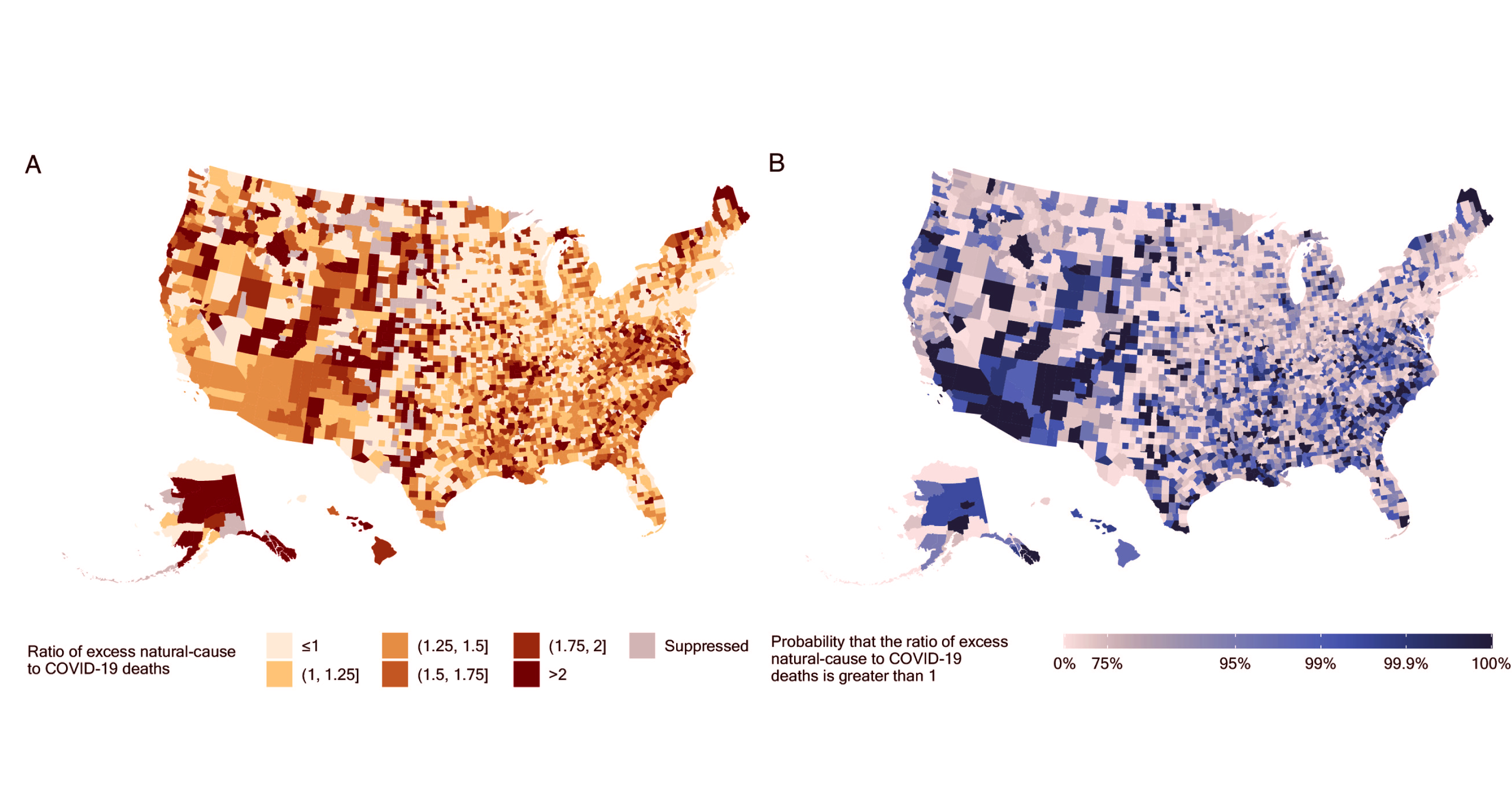 Two maps of the U.S. showing the ratio of excess natural-cause deaths to COVID-19 deaths (Map A) and the probability that this ratio is greater than 1 (Map B), with varying shades representing different data ranges