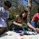People participate in a painting activity at a table on Penn's campus