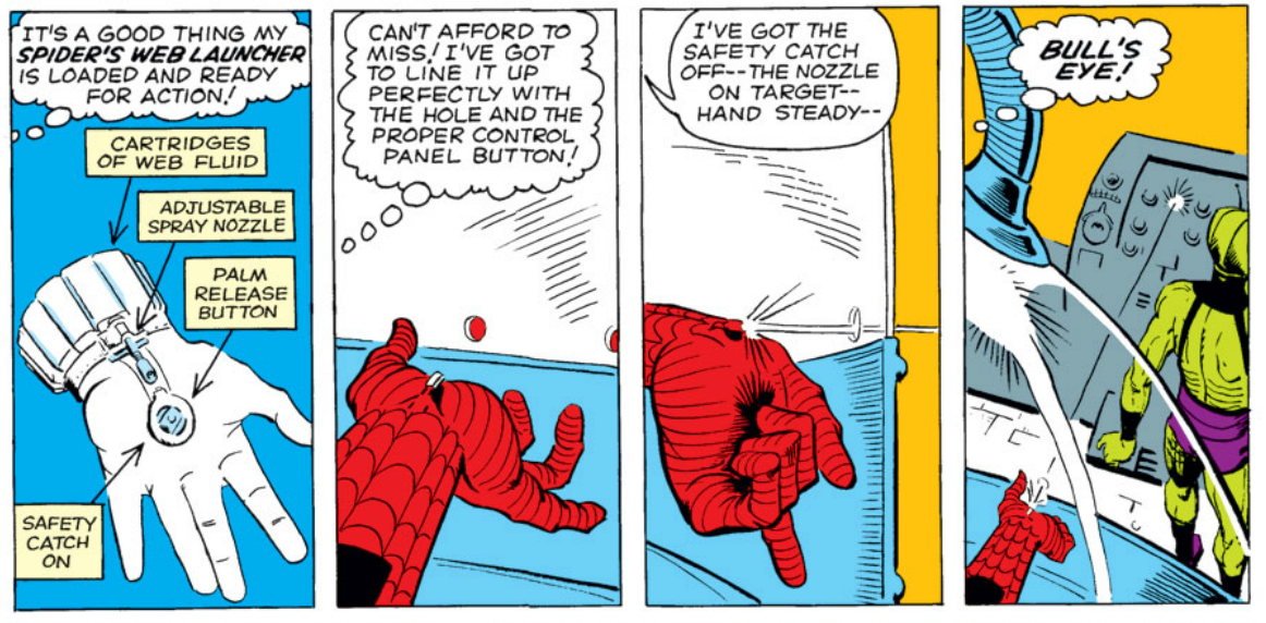 comic panel showing how spider man's web shooters work