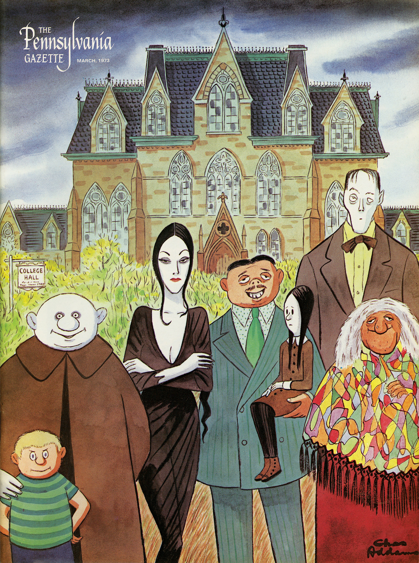 Illustration of six Addams Family characters standing in front of College Hall.