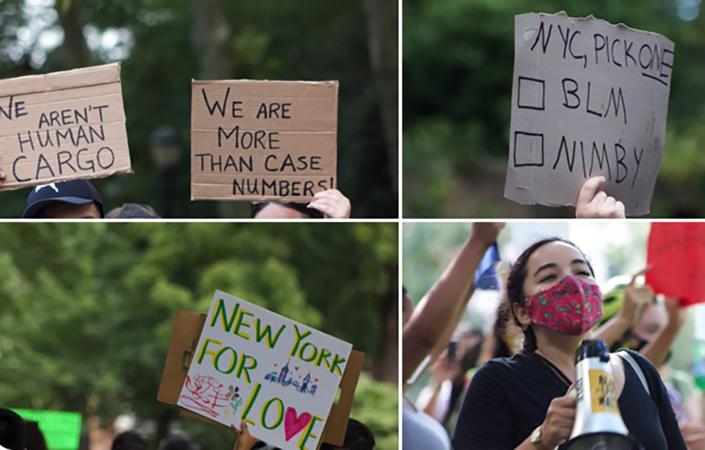 clockwise from top left, two cardboard signs held aloft at a demonstration that read WE AREN’T HUMAN CARGO and WE ARE MORE THAN CASE NUMBERS, another cardboard sign held aloft that reads NYC PICK ONE: BLM OR NIMBY, A person wearing a face mask holding a bullhorn, and another cardboard sign held aloft that reads NEW YORK FOR LOVE.