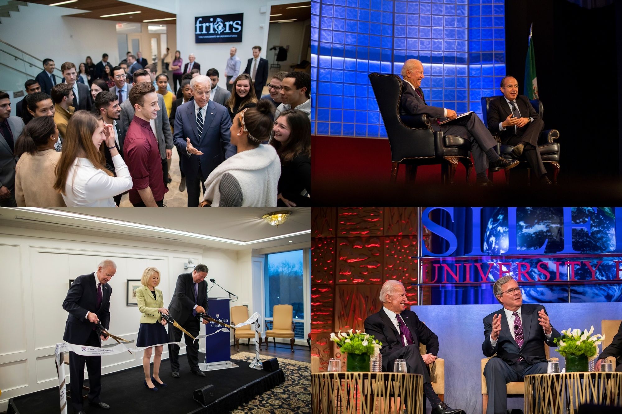 Clockwise from top left, Joe Biden engaging with Penn students, Biden on stage in discussion with Felipe Calderón, Joe Biden on stage with Jeb Bush during the Silfen Forum, and Biden, Amy Gutmann and David Cohen at a ribbon cutting ceremony for the Penn Biden Center.