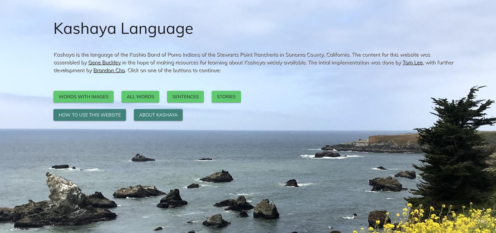 Kashaya Language: Kashaya is the language of the Kashia Band of Pomo Indians of the Stewarts Point Rancheria in Sonoma County, California. The content for this website was assembled by Gene Buckley in the hope of making resources for learning about Kashaya widely available. The initial implementation was done by Tom Lee, with further development by Brandon Cho. Click on one of the buttons to continue. Words with Images. All Word. Sentences. Stories. How to use this website. About Kashaya. 