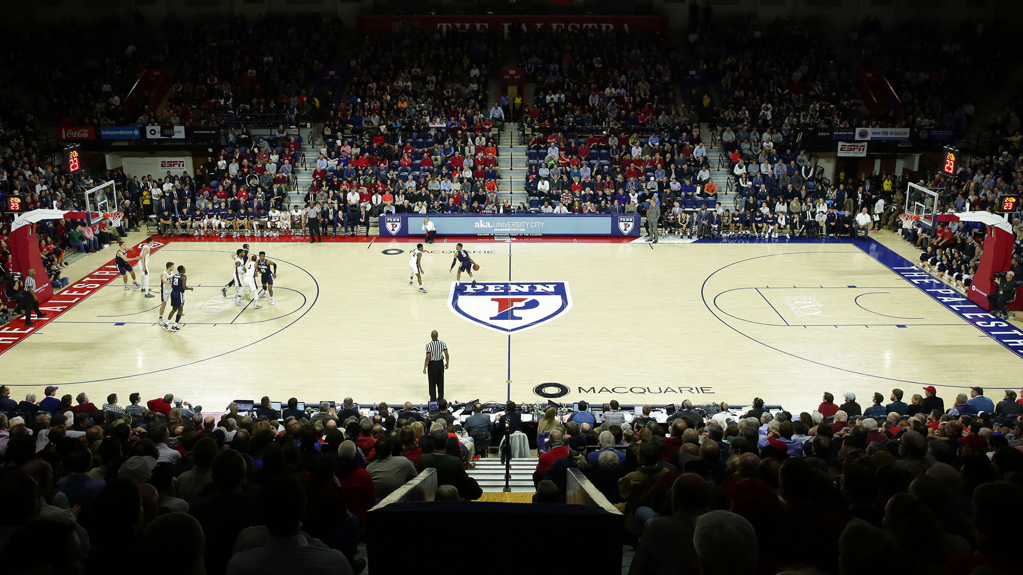 Penn's men's basketball team takes on an opponent at the Palestra.