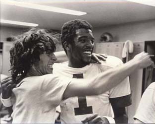 Dennis Coleman and Jose Violante celebrate a victory over Princeton in 1973.