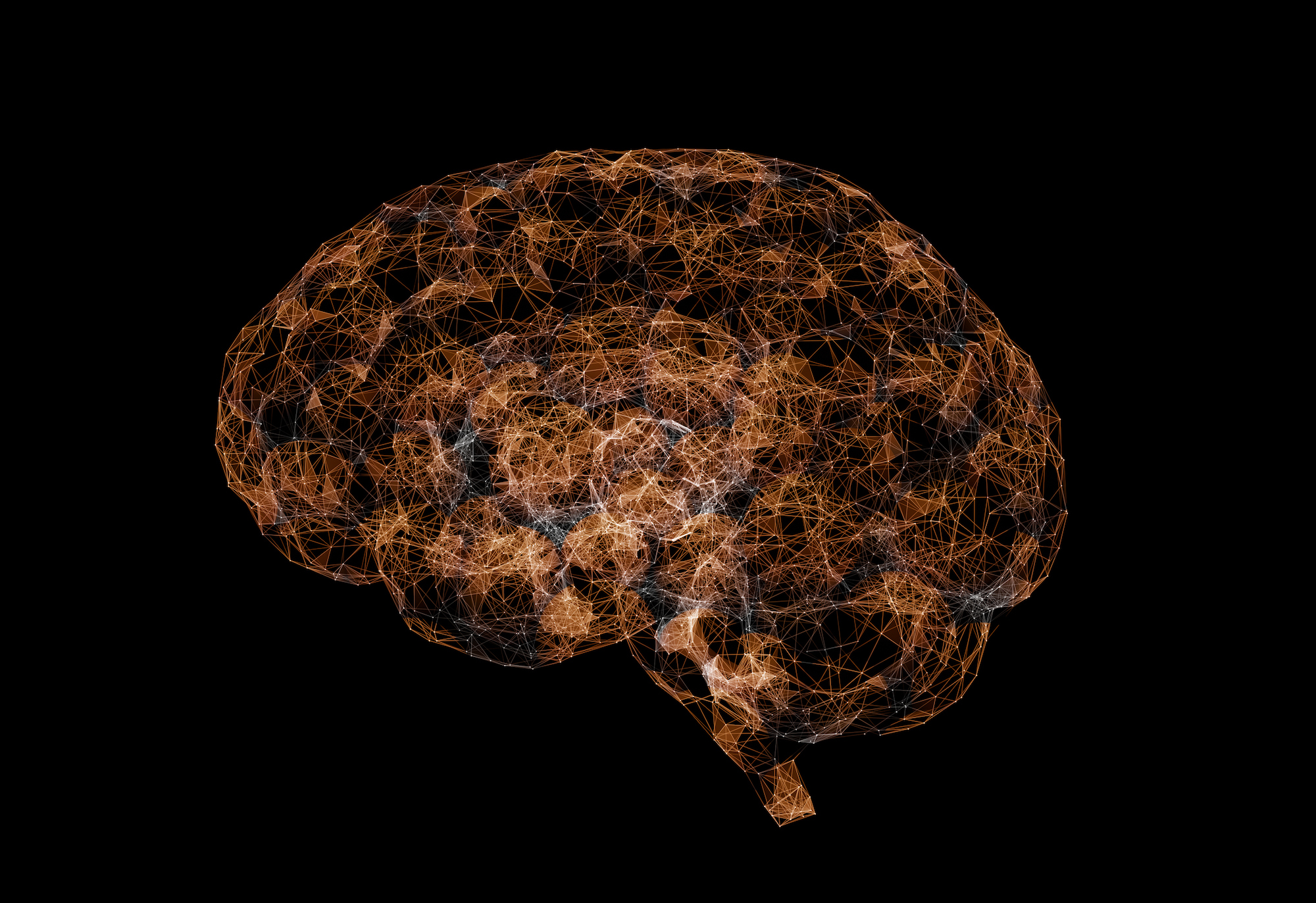 Abstract polygonal brain with connected dots and lines. Artificial intelligence 3d illustration.