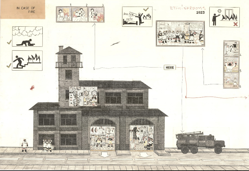 A building sketched with a series of illustrations showing figures escaping from fire.