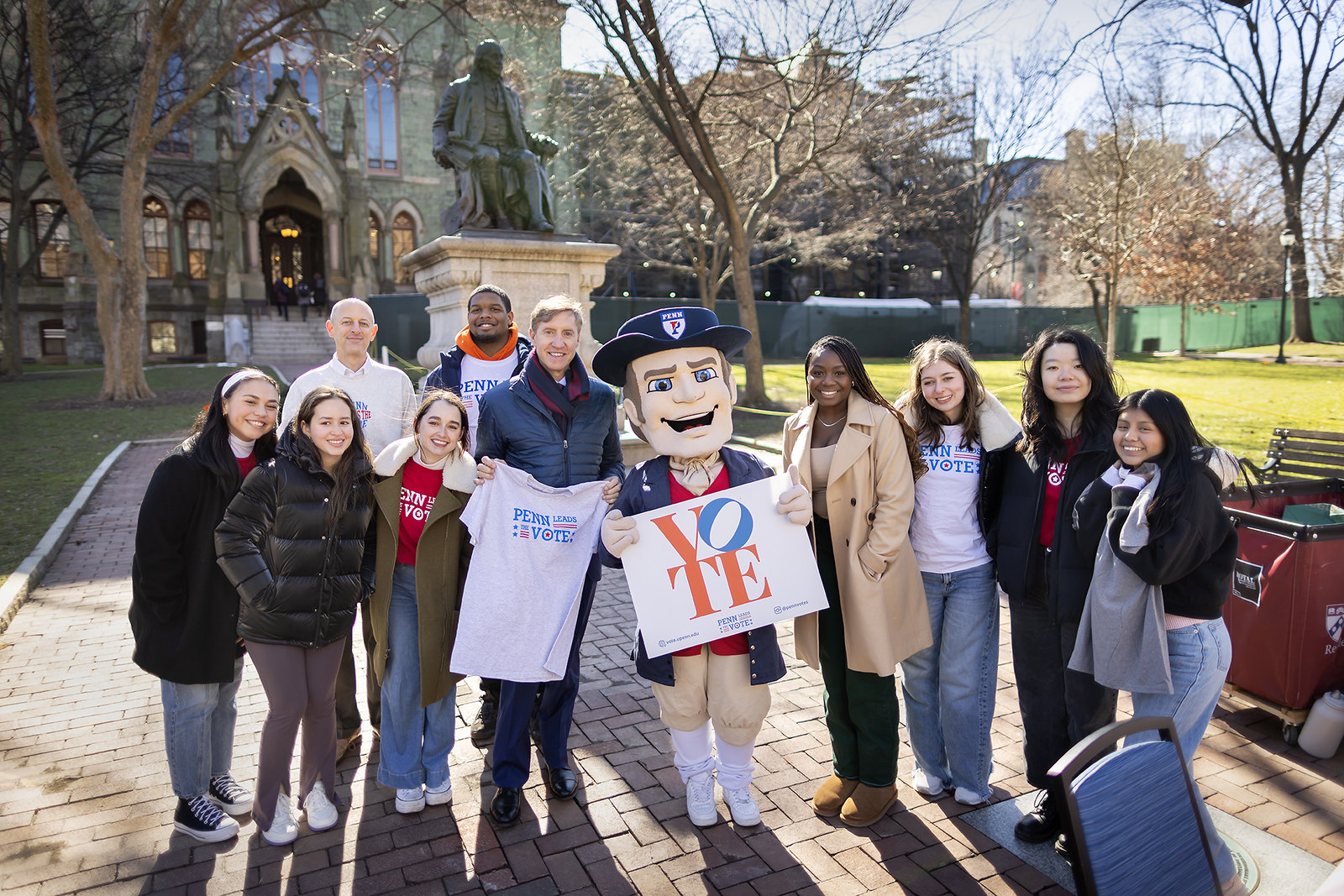 interim president jameson on college green with penn leads the vote team