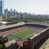 Franklin Field sits empty on a sunny day.