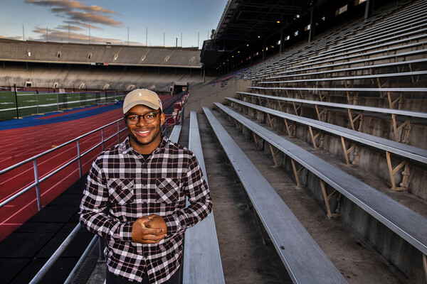 Nick Miller of the Penn football team poses in the Franklin Field stands