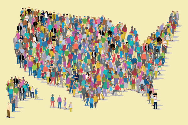 A grouping of colorful people in the shape of a United States map. 