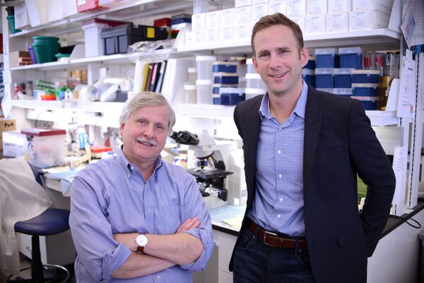 Scientists Phillip Scott and Daniel Beiting in a laboratory