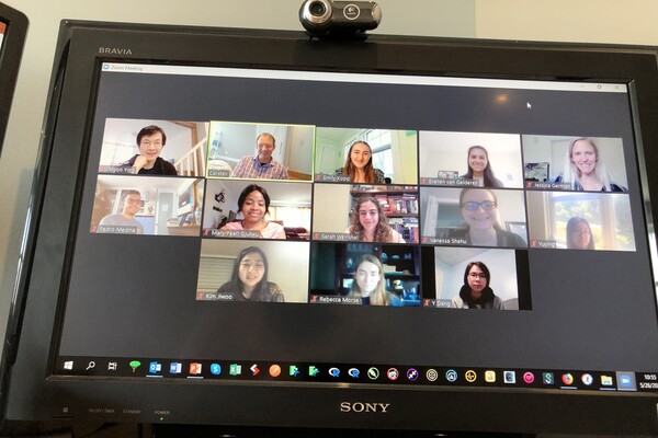 Screenshot of a video call with 13 people