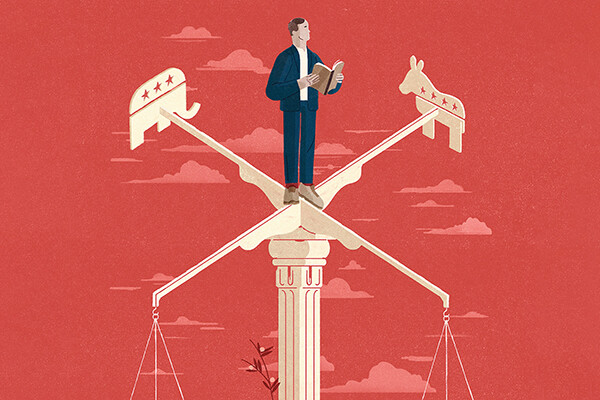 Drawing of a human standing on a pillar holding a book flanked by a Republican elephant and Democratic donkey against a background resembling scales of justice.