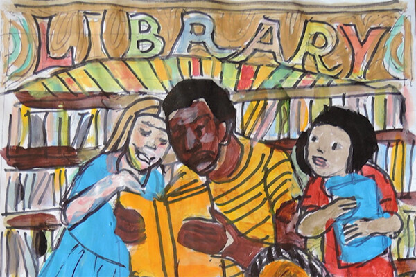 Cartoon drawing of an adult reading a book to two children in a library.