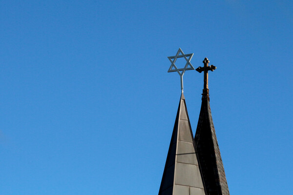 Top of a synagogue spire with a star of David.