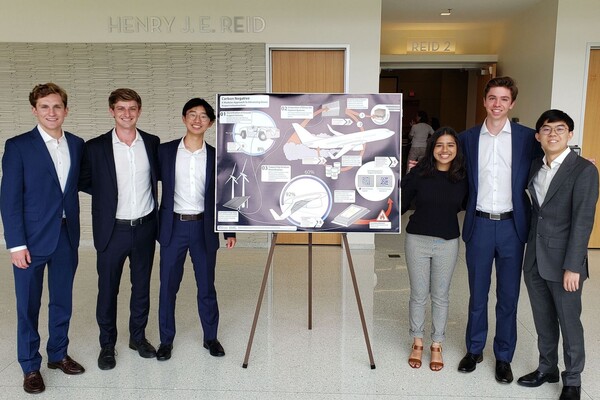 Six students stand around a poster with wind turbines and airplanes on it
