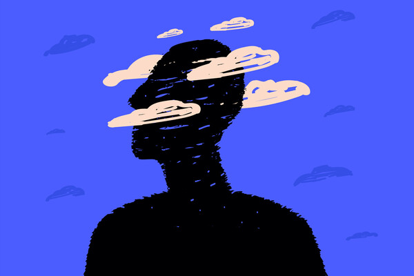 Outline of human body with the head surrounded by clouds, implying brain fog.